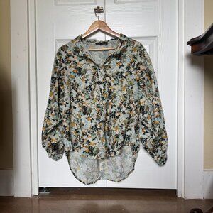 Catherine Malandrino Multicolor Green Blue Balloon Sleeve ButtonUp Collar Blouse